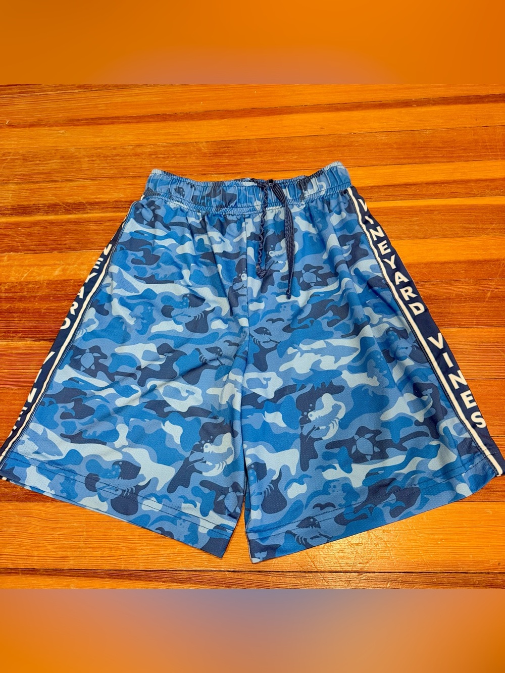 Vineyard Vines Blue Camo Athletic Shorts with Side Logo Stripe